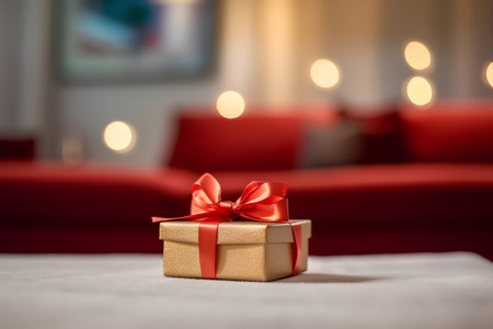 Gift box with red ribbon on white table in the living roomの素材