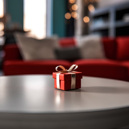 Red gift box on a table in a cafe. Festive background.の素材