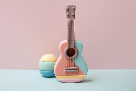 3d render of ukulele and easter eggs on pastel backgroundの素材