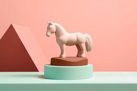 3d render of a white horse on a podium on a pink backgroundの素材