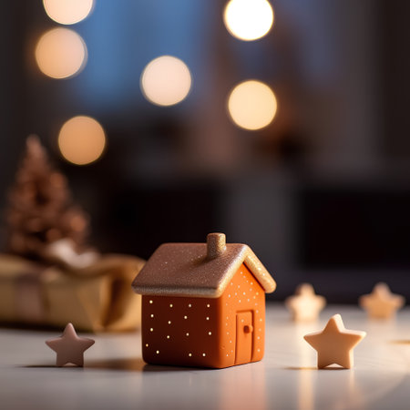 Christmas decoration with gingerbread house and christmas tree on bokeh backgroundの素材