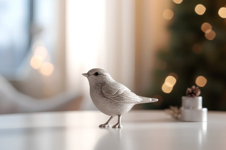 Christmas greeting card with decorative bird on white table and bokeh backgroundの素材