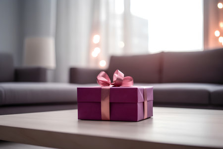 Gift box on table in living room, valentines day conceptの素材