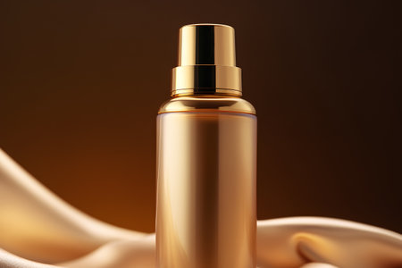 Cosmetic bottle with golden cap. 3d render illustration on brown backgroundの素材
