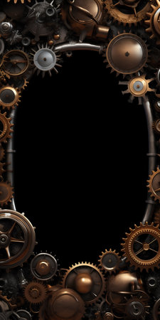 3d illustration of frame made of gears and cogwheels over black backgroundの素材