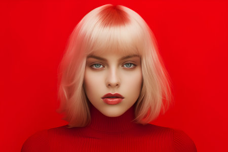 Portrait of a beautiful blonde woman in a red sweater on a red backgroundの素材
