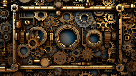 3d illustration of metal frame with gears and cogs over dark backgroundの素材