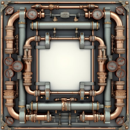 Industrial background made of metal pipes and valves. 3d renderingの素材