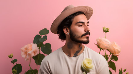 stylish tattooed man in straw hat looking away while holding roses on pinkの素材