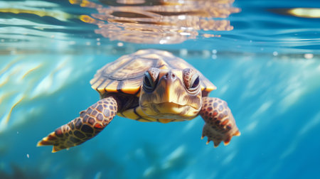 Turtle swimming in the water on a background of the sea.の素材