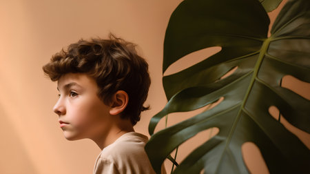 Portrait of a boy with a monstera leaf on a brown backgroundの素材