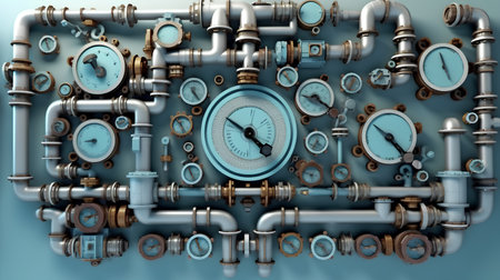 Industrial background with water pipes, valves and clock. 3d renderの素材