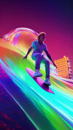 Young man riding a surfboard in front of a colorful rainbow backgroundの素材
