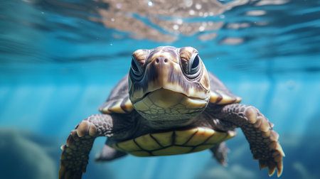 Sea turtle swimming underwater in the ocean. Aquarium. Marine life.の素材