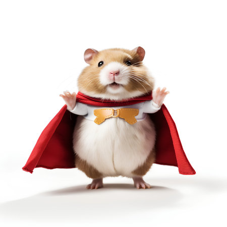 Hamster in a red cape isolated on white background. 3d illustrationの素材