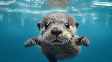 Cute otter swimming in the water. Portrait of an animalの素材