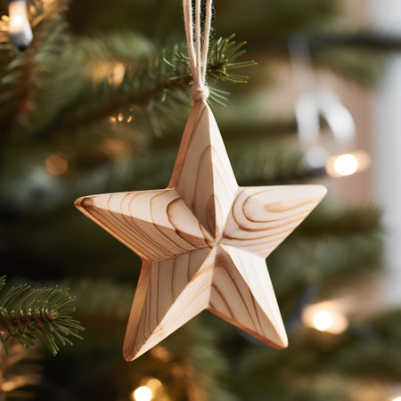 Wooden star on the Christmas tree. Christmas and New Year backgroundの素材
