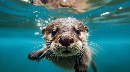 Otter swimming underwater in the ocean. Close-up.の素材