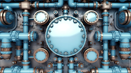 3d render of blue industrial pipes and valves over grunge backgroundの素材