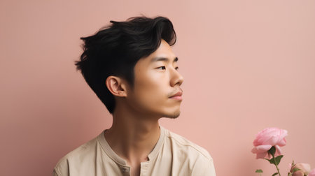 Portrait of a young handsome asian man on pink background.の素材