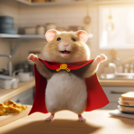 Cute funny hamster in red cape on blurred kitchen background. Space for textの素材