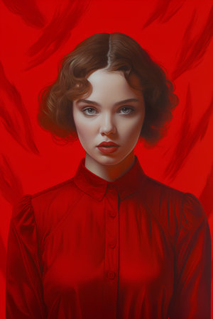 Beautiful young woman with red lips and long curly hair. Portrait of a girl on a red background.の素材