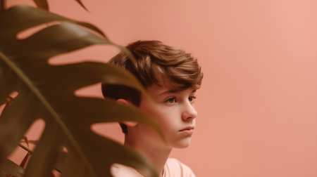Portrait of a little boy with a monstera leaf on a pink backgroundの素材
