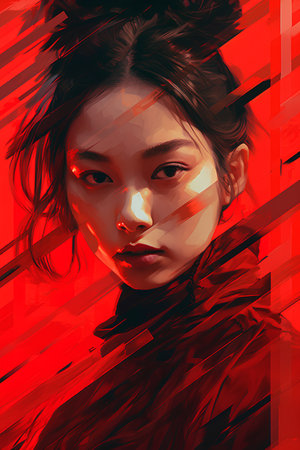 Portrait of a beautiful asian girl with red makeup and black hair.の素材