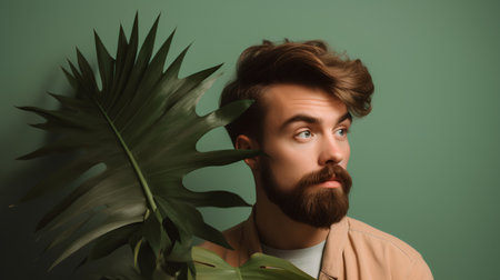 Portrait of a young man with a beard and a palm leaf.の素材