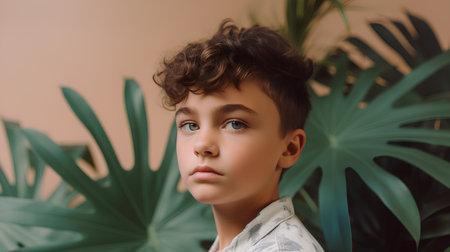 portrait of boy looking at camera while standing near monstera leavesの素材