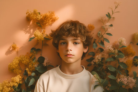 Portrait of a boy with curly hair on a background of yellow flowersの素材