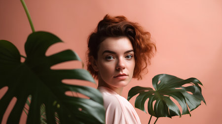 Portrait of a beautiful young girl with red hair and green monstera leaf on a pink backgroundの素材