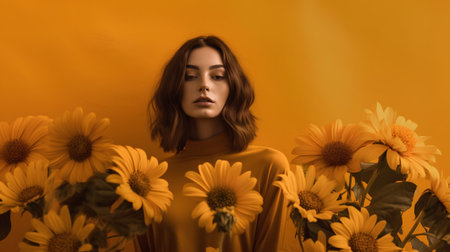 Portrait of beautiful young woman with yellow flowers on orange background.の素材