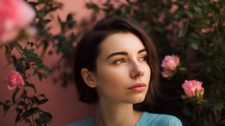 Portrait of a beautiful young brunette girl on a background of rosesの素材
