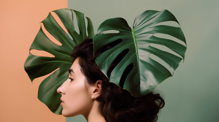 side view of beautiful young woman with monstera leaf on head isolated on greyの素材
