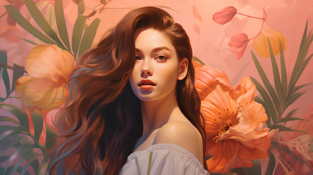 Portrait of a beautiful young woman with long hair and flowers.の素材