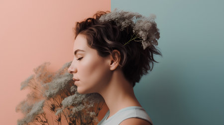 Portrait of a beautiful young woman with dried flowers in her hair.の素材