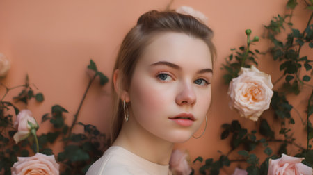 Portrait of a beautiful young girl with green eyes and pink rosesの素材