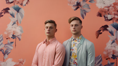 two young men looking at camera while standing among flowers on pink backgroundの素材