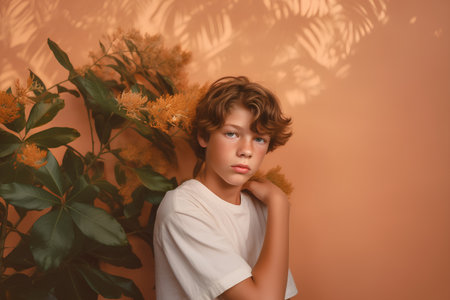 portrait of a little boy in a white T-shirt on a background of flowersの素材
