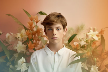 Portrait of a boy in a white shirt among the flowers.の素材