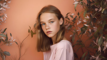 Portrait of a beautiful girl with long hair in a pink dress.の素材