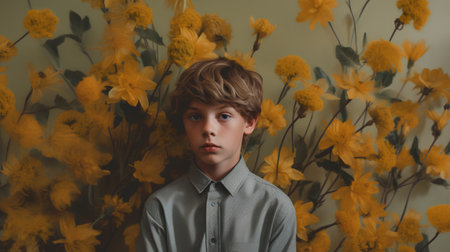 Portrait of a boy in a green shirt on a background of yellow flowersの素材
