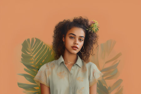 Portrait of a beautiful young african american woman with long curly hair, wearing a turquoise shirt and a flower in her hair.の素材