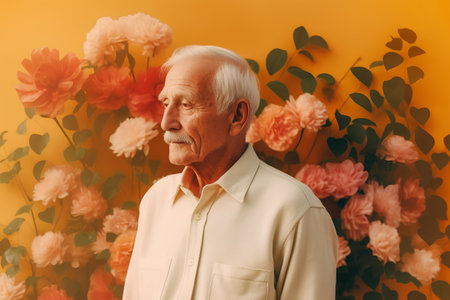 Portrait of an old man on a yellow background with flowers.の素材