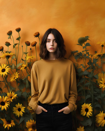 Portrait of a beautiful young woman in a yellow sweater standing among flowers.の素材