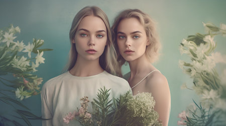 Portrait of two beautiful young women with flowers. Studio shot.の素材