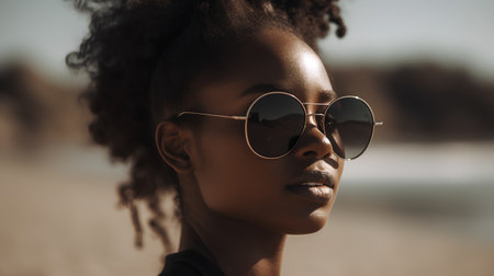 Close up portrait of beautiful african american woman in sunglasses.の素材