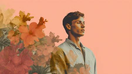 Hipster man with tropical flowers. Portrait of a handsome young man with flowers.の素材