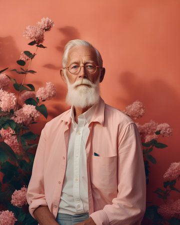 Portrait of a senior man with white beard in pink shirt and glasses on a pink background.の素材